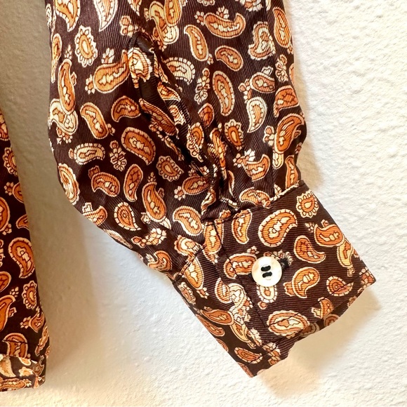 Vintage 70s Country Set Fall Micro Paisley Print Silky Satin Button Front Blouse - Picture 9 of 9